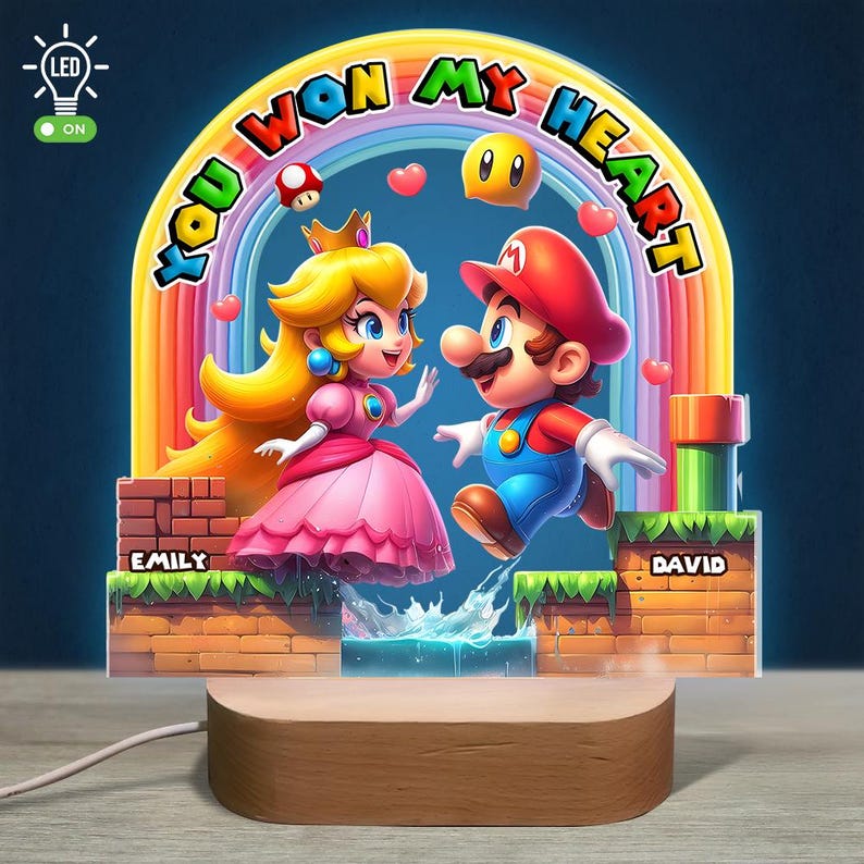 Personalized Mario Peach LED Light, Custom Gamer Couple Gift, You Won My Heart Lamp, Acrylic Wood Base, Anniversary Valentine's Day image 5