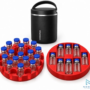 May include: A black cylindrical Hydrapeak insulated container with a handle, accompanied by two red circular trays holding multiple small clear glass vials with blue caps. The vials are arranged in grid patterns within the red foam inserts.