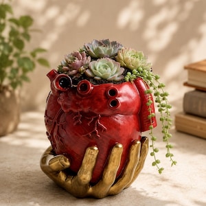 Peut inclure: Un pot de fleurs en forme de cœur anatomique rouge soutenu par une paire de mains dorées. Le pot contient une variété de petites plantes succulentes vertes et violettes, dont une plante à perles retombante, plantées dans du terreau sombre.