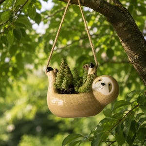Peut inclure: Un pot de fleurs en céramique en forme de paresseux, rempli de succulentes vertes, suspendu à une branche d'arbre par une corde. Le paresseux de couleur beige a un visage souriant. Le pot est conçu pour ressembler à un paresseux suspendu à l'envers.