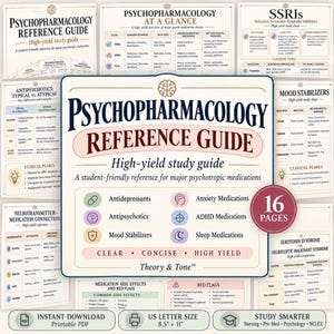 May include: A 16-page Psychopharmacology Reference Guide study guide featuring charts on SSRIs, antipsychotics, and mood stabilizers. The document includes text headers, icons, and clinical pearls for psychotropic medications in US letter size 8.5 x 11 inches.