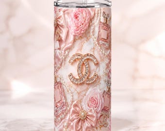 Pink Floral Pearl Tumbler Wrap PNG, Bows and Perfume, 15oz 20oz Sublimation Download