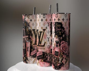 Roze, zwart en goud luxe drinkbekerhoes PNG | Stijlvol, chique bloemensublimatieontwerp