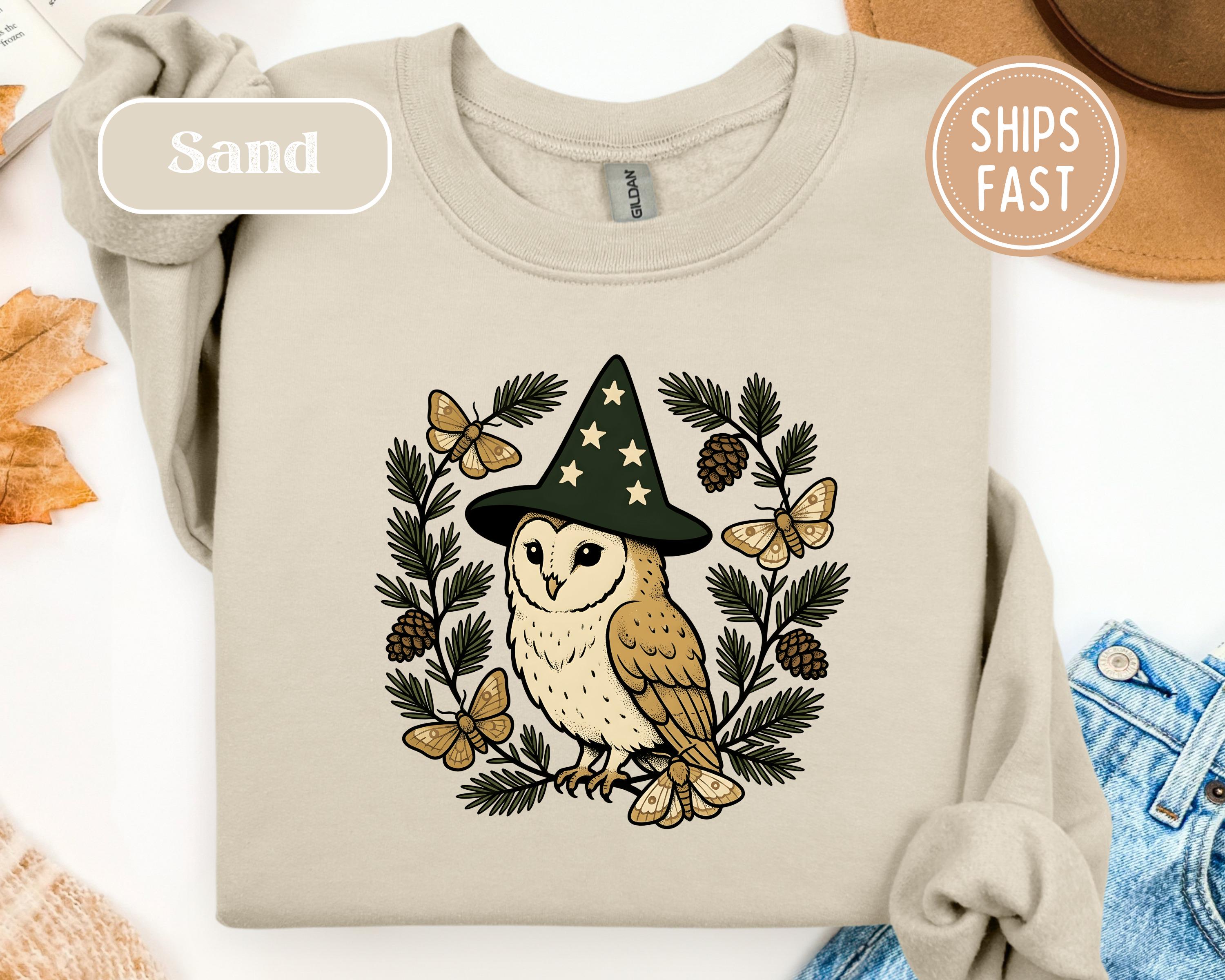 Wizard Owl Sweatshirt Cottagecore Forest Nature Witchy Aesthetic Pinecone Moth Magical Woodland Crew