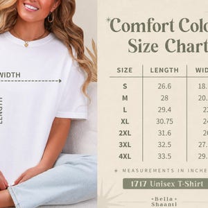 Comfort Colors 1717 Unisex T-Shirt size chart with measurements in inches.