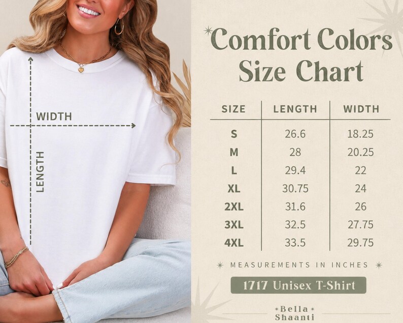 Comfort Colors 1717 Unisex T-Shirt size chart with measurements in inches.