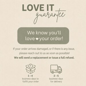 Love it guarantee: 1-4 business days to fulfill, 2-5 for delivery. Refunds issued.