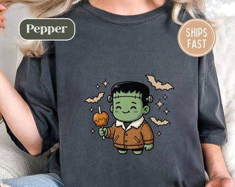 Cute Frankenstein Comfort Colors T-Shirt Kawaii Halloween Monster Tee with Bats Spooky Season Fall Shirt Fun Halloween Gift