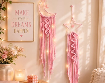 Pink Macrame Moon Star Dream Catchers Set, Boho Cotton Woven Wall Hanging