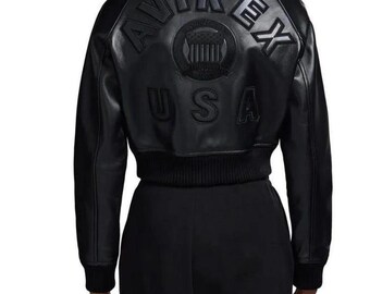 Avirex USA cropped leren bomberjack dames – zwart echt rundleder varsityjack retro streetwear mode jas cadeau voor haar