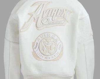 Avirex wit leren bomberjack heren – Gold Club geborduurd echte koeienhuid pilotenbikerjack retro streetwear cadeau voor hem