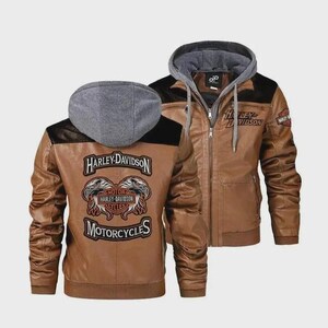Harley Davidson Brown Hooded Leather Jacket for Men Motorcycle Biker Jacket with Embroidered Eagle Patch Casual Riding Coat Gift for Rider