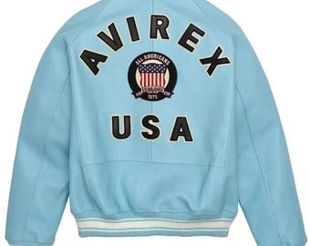 Avirex USA hemelsblauw leren bomberjack heren – echt rundleder pilotenvarsity bikerjack streetwear mode jas cadeau voor hem