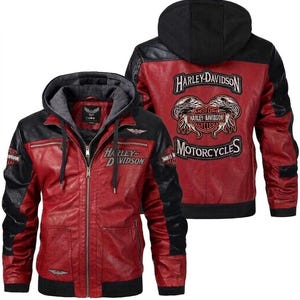 Harley Davidson röd & svart läderjacka med huva för män – motorcykeljacka med broderad örnlapp på ryggen, körutrustning i present