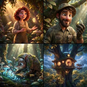 May include: A four-panel collage featuring a curly-haired person in overalls, a bearded explorer in a hat holding a glowing object, a metallic armadillo-like creature among glowing mushrooms, and a multi-level treehouse dwelling in a forest.