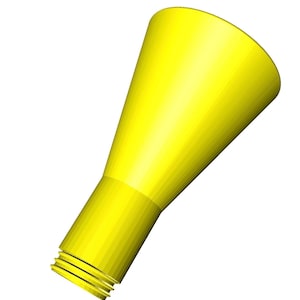 May include: A bright yellow, conical nozzle attachment featuring a cylindrical base with visible screw threads at the bottom. The object transitions from a narrow, threaded cylindrical section into a wider, flared, funnel-shaped top opening.