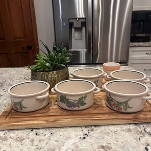 Puede incluir: Seis cuencos de sopa de cerámica blanquecina con asas, cada uno con un borde negro y un diseño de frutas. Los cuencos están colocados sobre una tabla de servir de madera, junto a una planta suculenta en maceta. El fondo es una cocina.