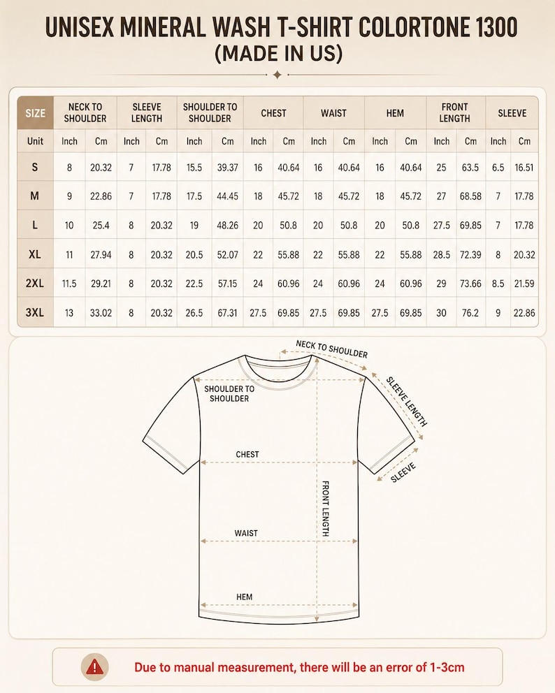 May include: A size chart for a Unisex Mineral Wash T-Shirt Colortone 1300. The chart displays measurements in inches and centimetres for sizes S through 3XL, including neck to shoulder, sleeve length, shoulder to shoulder, chest, waist, hem, and front length.
