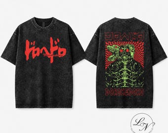 May include: A black acid-wash t-shirt featuring a red Japanese logo on the front. The back displays a graphic of a gas-masked figure with a lizard head, set against a red and black wavy background with the text Dorohedoro in red lettering.