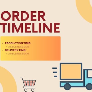 May include: An informational graphic titled ORDER TIMELINE in dark red text. It features a yellow-to-orange gradient box listing PRODUCTION TIME as 3-5 business days and DELIVERY TIME as 2-8 business days. Includes a shopping cart and a delivery truck.