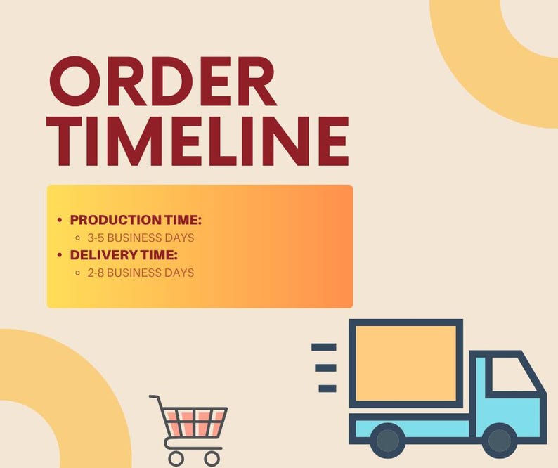May include: An informational graphic titled ORDER TIMELINE in dark red text. It features a yellow-to-orange gradient box listing PRODUCTION TIME as 3-5 business days and DELIVERY TIME as 2-8 business days. Includes a shopping cart and a delivery truck.