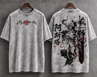 May include: A grey acid-wash t-shirt featuring a Black Clover logo on the front. The back displays a detailed graphic of an anime character with a large sword, Japanese kanji text, and the English phrase I will never give up.