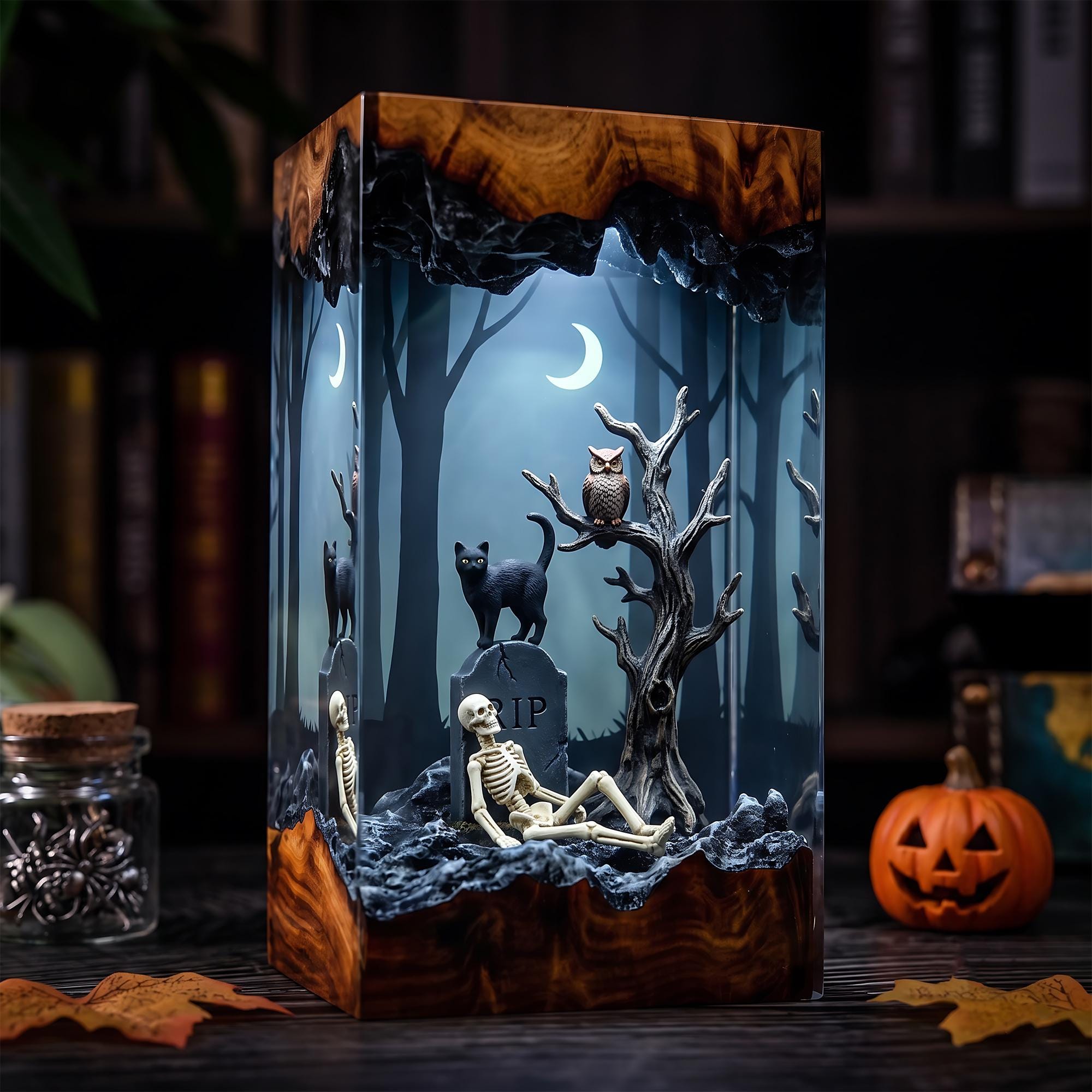 Gothic Skull and Owl Resin Lamp, Spooky Pumpkin Cemetery, Haunted Graveyard Moonlight, Halloween Aut