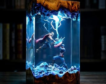 Lámpara Martillo de la Tormenta, Diorama de Superhéroes, Decoración de Escritorio Hecha a Mano con Resina Epoxi, Lámpara de Superhéroes, Regalo Único de San Valentín para Él