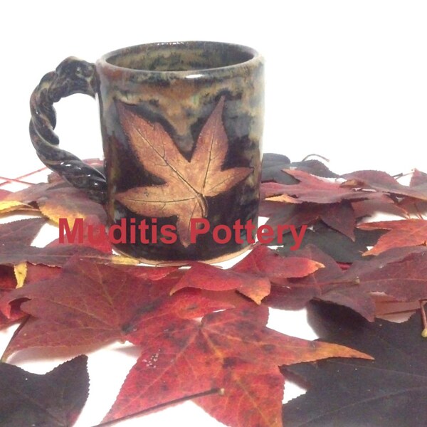 Leaf Mug Chocolate Stoneware Mug, Brown Stoneware Mug, Brown Fall Rustic Mug