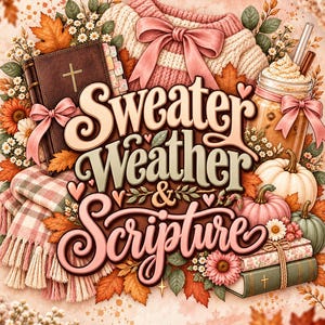 Può includere: Un'illustrazione grafica con il testo Sweater Weather & Scripture circondato da un maglione lavorato a maglia rosa con un fiocco, una Bibbia marrone con una croce, un caffè freddo, zucche, foglie autunnali, fiori e una coperta a quadri.
