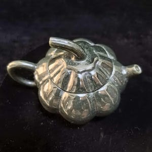 Può includere: Una teiera in argento metallizzato a forma di zucca con un manico a stelo curvo sul coperchio, un piccolo beccuccio sul lato destro e un manico arrotondato sul lato sinistro. La superficie è altamente riflettente con profonde scanalature verticali.