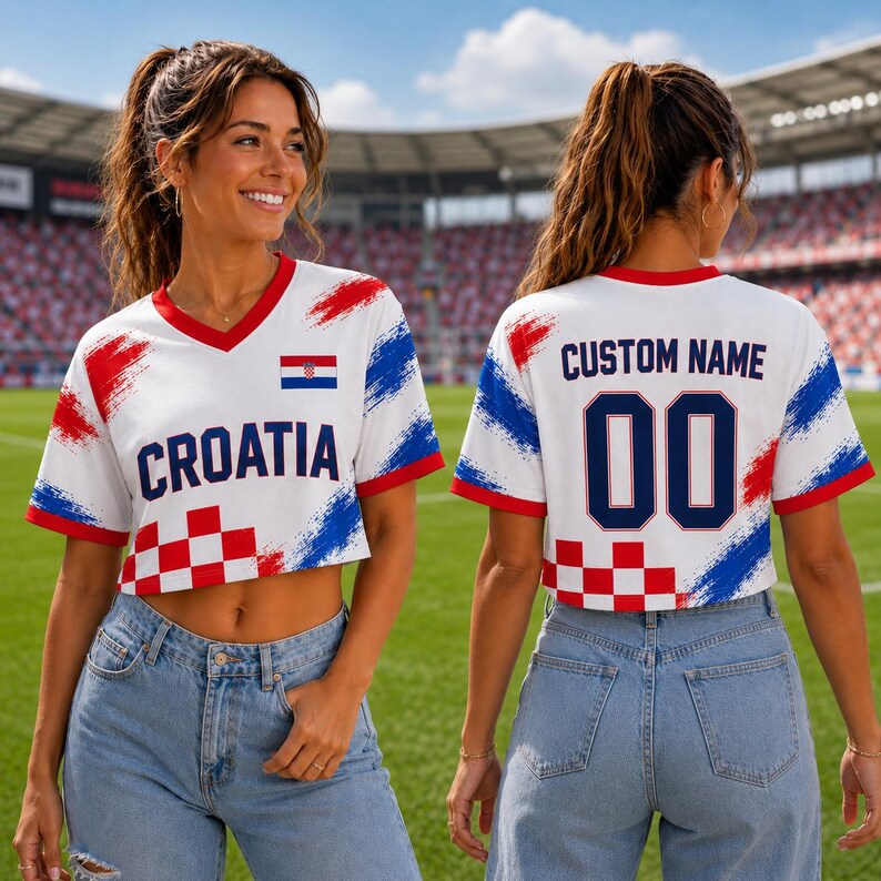 May include: A white V-neck crop top featuring red and blue brushstroke patterns, a red and white checkerboard design, and the text CROATIA on the front. The back displays the text CUSTOM NAME above the number 00 in dark blue lettering.