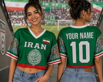 Top corto da calcio persiano-iraniano, abbigliamento personalizzato per tifosi di calcio di Teheran, maglietta sportiva da donna con nome personalizzato