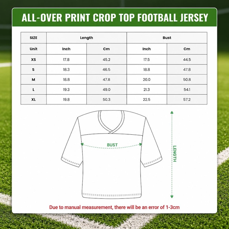 May include: A size chart for an all-over print crop top football jersey. The chart displays length and bust measurements in inches and centimetres for sizes XS through XL. A line drawing of a jersey shows where to measure bust and length.