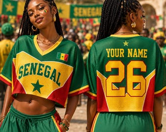 Senegal voetbalshirt met crop top, aangepaste naam dames groen geel rood Gameday-kit