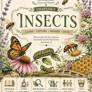 Puede incluir: Un póster educativo de Seed & Shepherd Capítulo 3 Insectos con ilustraciones de una mariposa monarca, abeja, mariquita, oruga, saltamontes y hormigas. El texto incluye "Learn, Explore, Wonder, Grow" y seis categorías: Devotional, Science, Nature Study, Life Skills, Social Skills y Craft.
