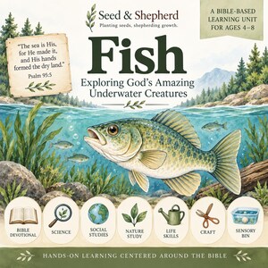 May include: A Seed & Shepherd learning unit cover titled Fish: Exploring God's Amazing Underwater Creatures for ages 4-8. It features a large fish in water, a Psalm 95:5 quote, and icons for Bible Devotional, Science, Social Studies, Nature Study, Life Skills, Craft, and Sensory Bin.