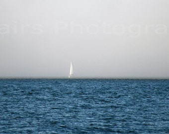 Ocean Fog Sailboat Mood Tranquil Minimalist Blue Gray White Pacific Northwest, Fine Art Photography matted & signed original 7x10 photograph