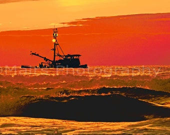 Fishing Boat Oregon Pacific Northwest Yellow Red Gold Orange Sunset Ocean Clouds, Fine Art Photography signed 8x16 Original Photograph