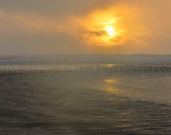 Fog Oregon Muted Winter Pacific Northwest Gold Bronze Brass Sunset Ocean Surf Clouds, Fine Art Photography, signed 8x16 Original Photograph