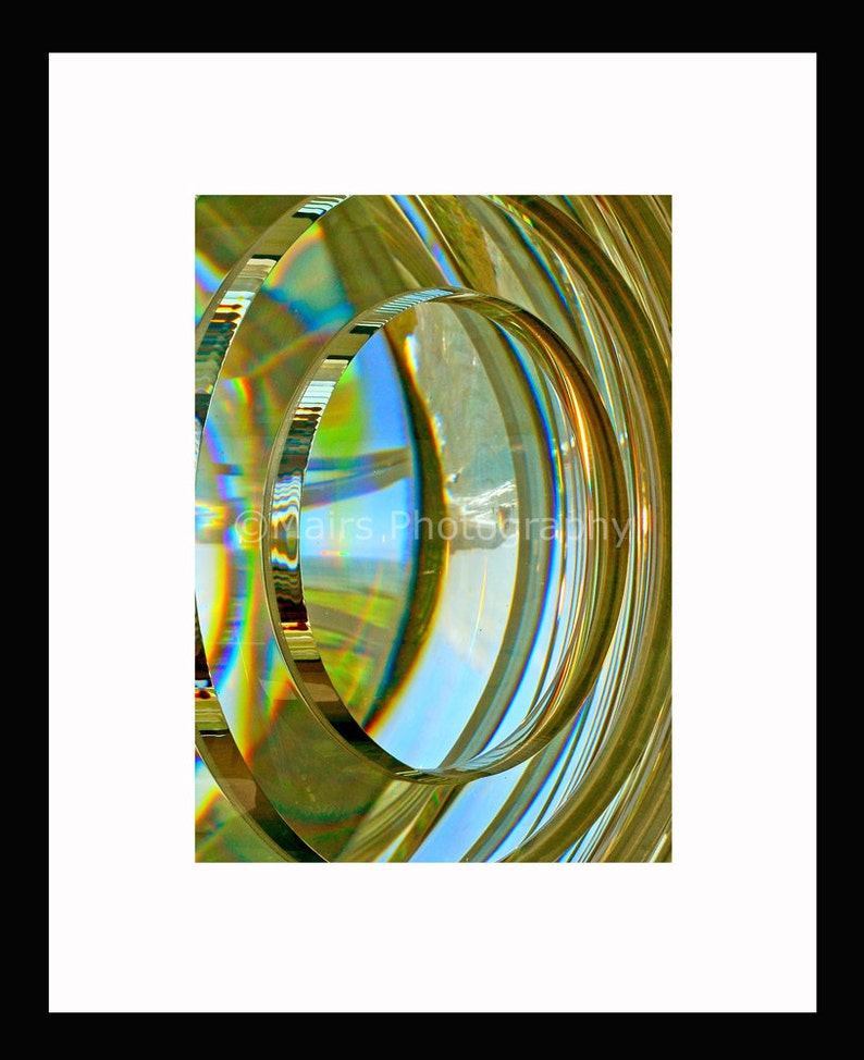Lighthouse Fresnel Lens Abstract Glass Lime Gold Blue Green Patterns Circles, Fine Art Photography matted & signed 5x7 Original Photograph image 1