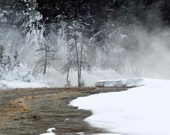 Country Decor, Farmhouse Decor, Yellowstone Winter Landscape Mist River Snow Trees, Fine Art Photography signed 12x18 Original Photograph