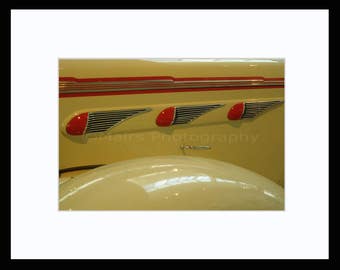 Car Art, Man Cave Decor, Abstract Chrome Red Yellow Art Deco Vintage Car Hood, Fine Art Photography matted & signed 7x10 Original Photograph