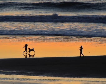 Beach House Decor Oregon Sunset Gold Reflection Water Sand Beach People Dog Silhouette Fine Art Photography signed 12x18 Original Photograph