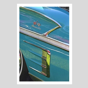 Man Cave Décor, Classic Car Art, Abstract Metallic Paint Chrome, Chevy Impala, Badge, Fine Art Photography, 12 x 18 Original Photograph