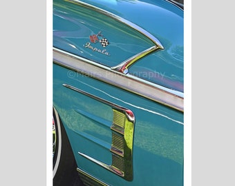 Man Cave Décor, Classic Car Art, Abstract Metallic Paint Chrome, Chevy Impala, Badge, Fine Art Photography, 12 x 18 Original Photograph