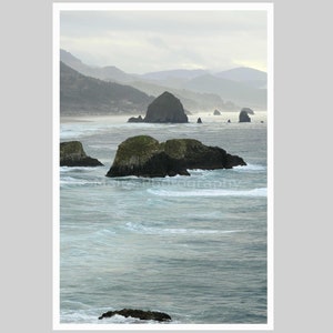 Pacific Northwest, Beach House Decor, Cannon Beach, Oregon Haystacks White Blue Green, Fine Art Photography signed Original 12x18 Photograph