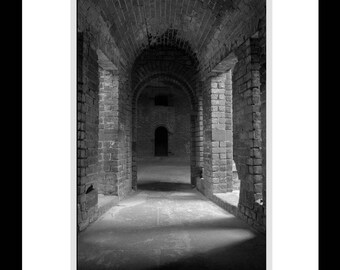 Military Fort Historic Brick Architecture Black & White Archway Tunnel Florida, Fine Art Photography matted, signed 8x12 Original Photograph