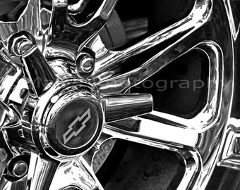 Man Cave Décor, Classic Car Art, Abstract Metallic Chrome Wheel Hubcap Chevrolet B&W, Fine Art Photography, 12 x 18 Original Photograph