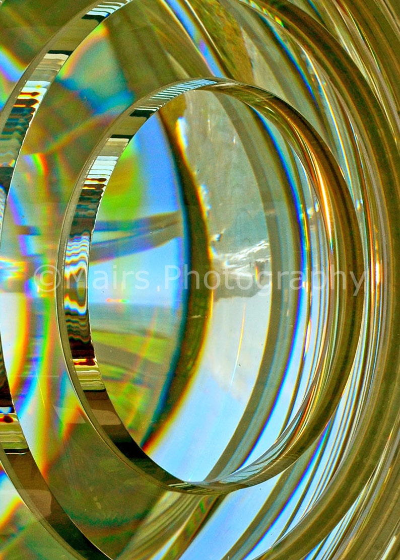 Lighthouse Fresnel Lens Abstract Glass Lime Gold Blue Green Patterns Circles, Fine Art Photography matted & signed 5x7 Original Photograph image 2